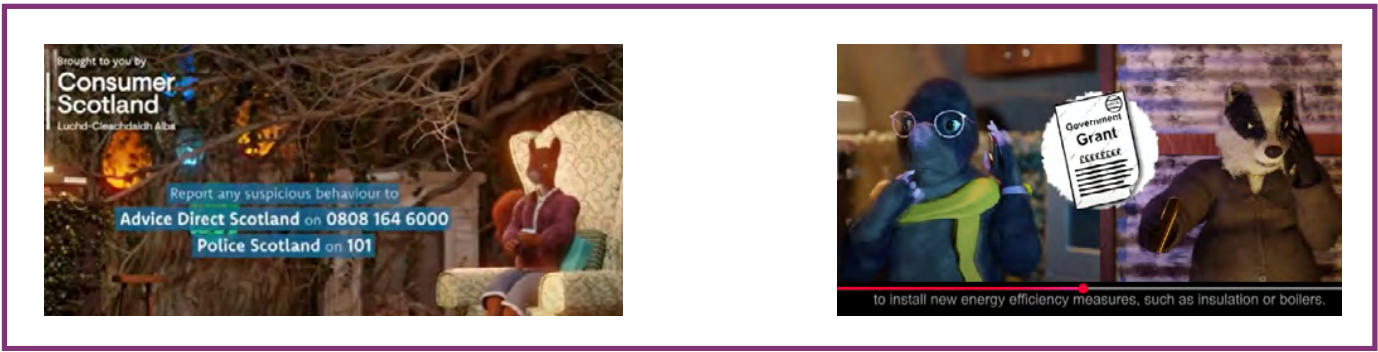 This box shows two screenshots from the Joint consumer education campaigns. One still is from the “Shut Out Scammers” campaign and the other is from the “Turn Down Energy Scams” campaign.